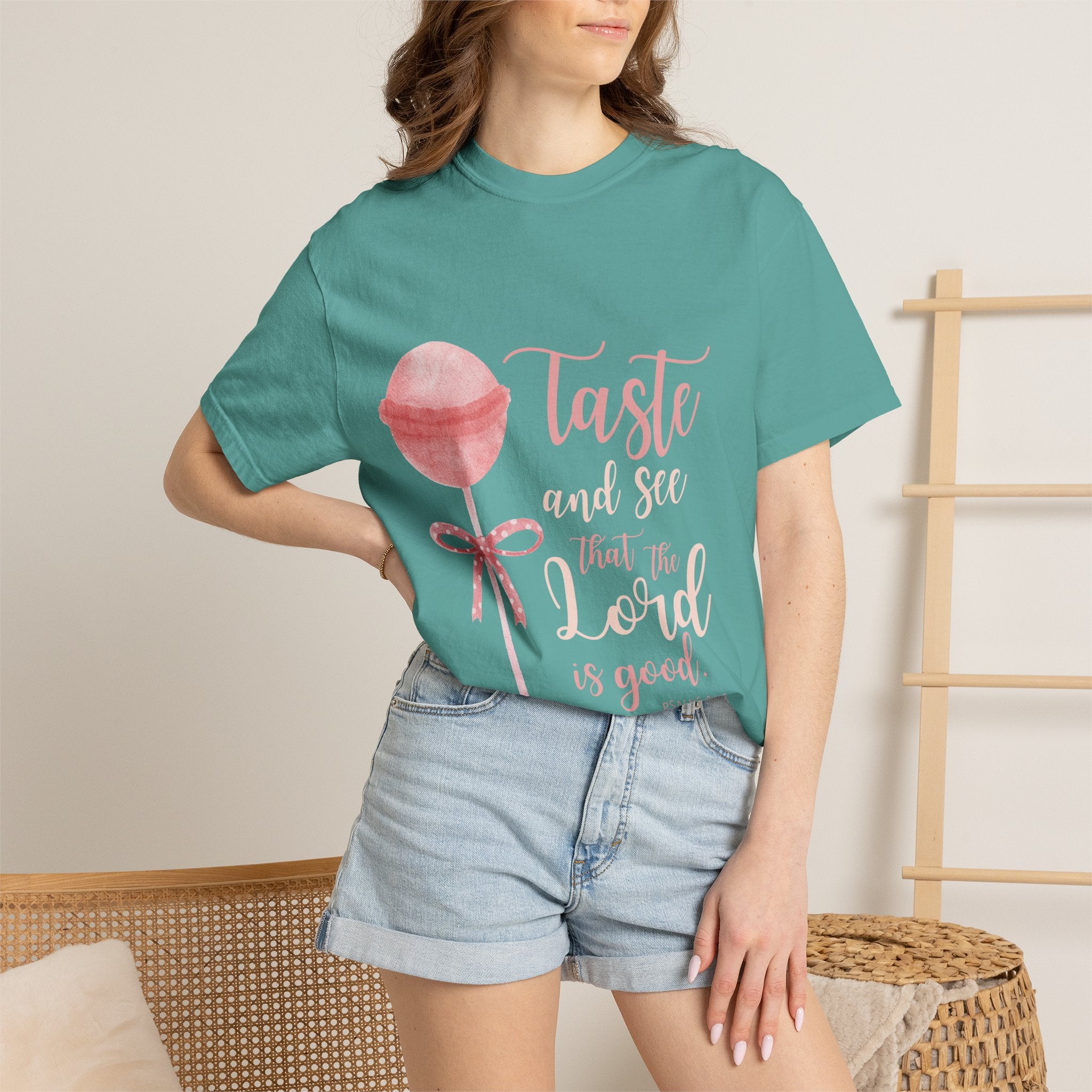 Christian Lollipop Tee — "Taste and See that the Lord is Good" Pink Faith T-Shirt