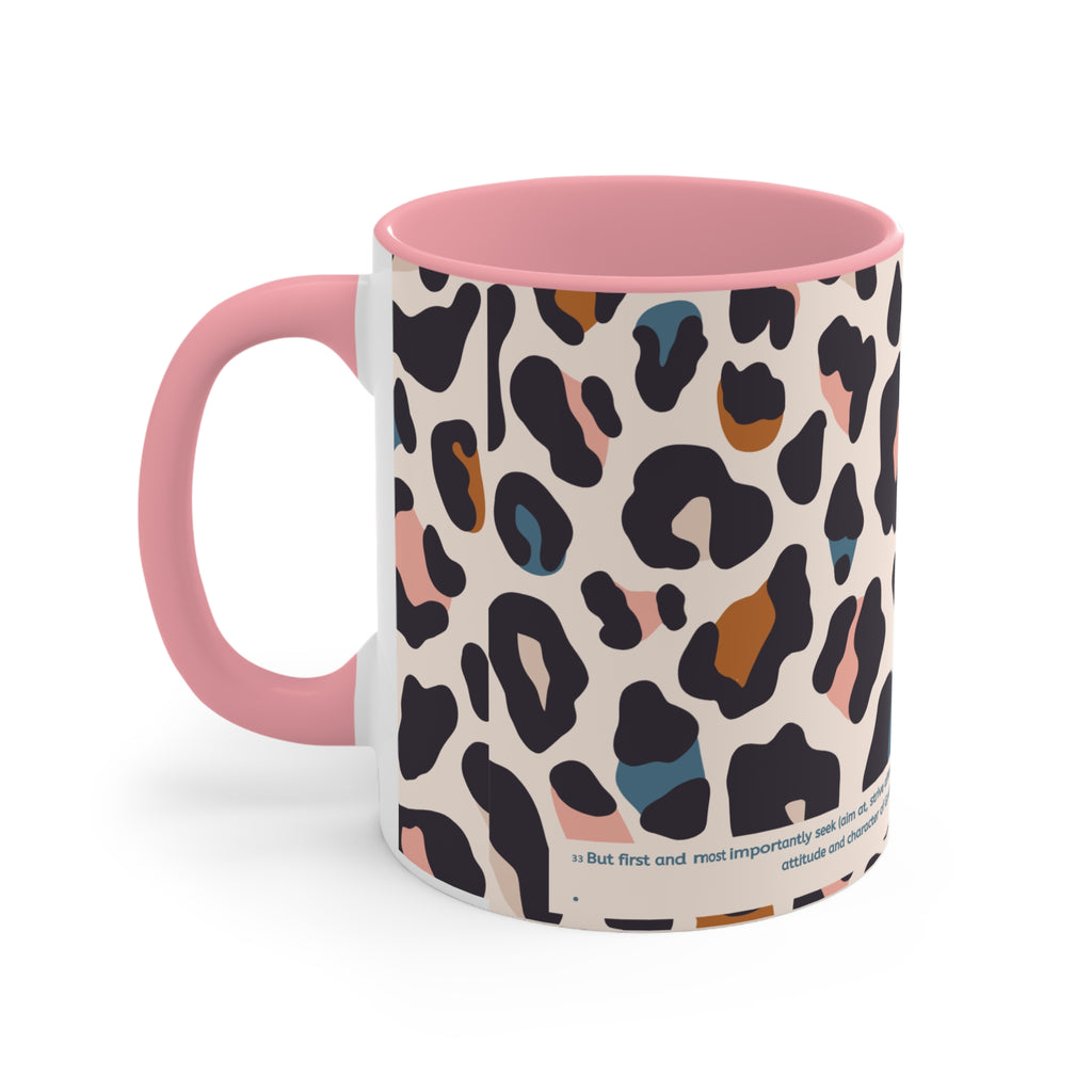 Leopard Print Accent Mug — Pink Interior & Handle, Colorful Animal Spot Coffee Cup