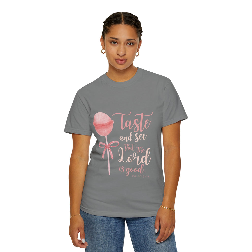 Christian Lollipop Tee — "Taste and See that the Lord is Good" Pink Faith T-Shirt