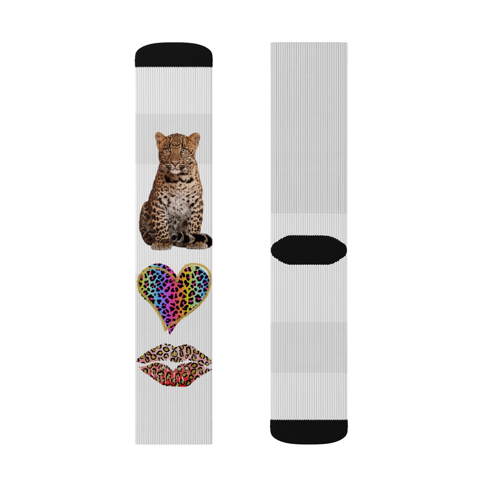 Leopard Hearts Sublimation Socks — Colorful Animal Print Cat Crew Socks