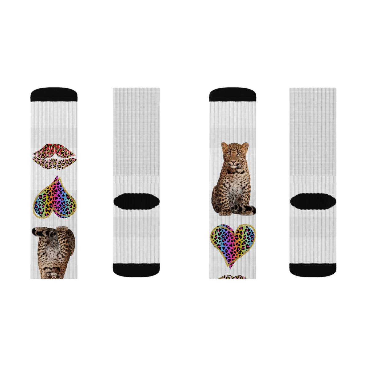 Leopard Hearts Sublimation Socks — Colorful Animal Print Cat Crew Socks