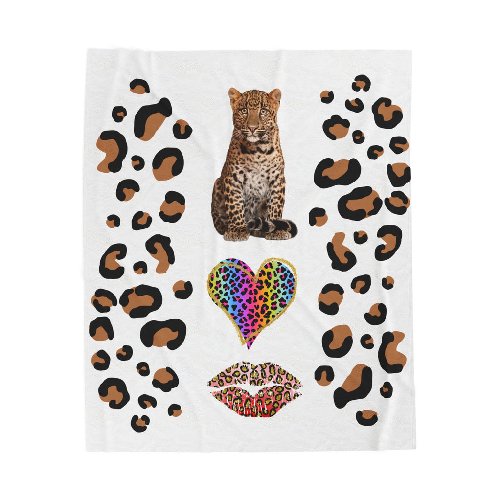 Leopard Heart Velveteen Plush Blanket – Rainbow Cheetah Print Cozy Throw