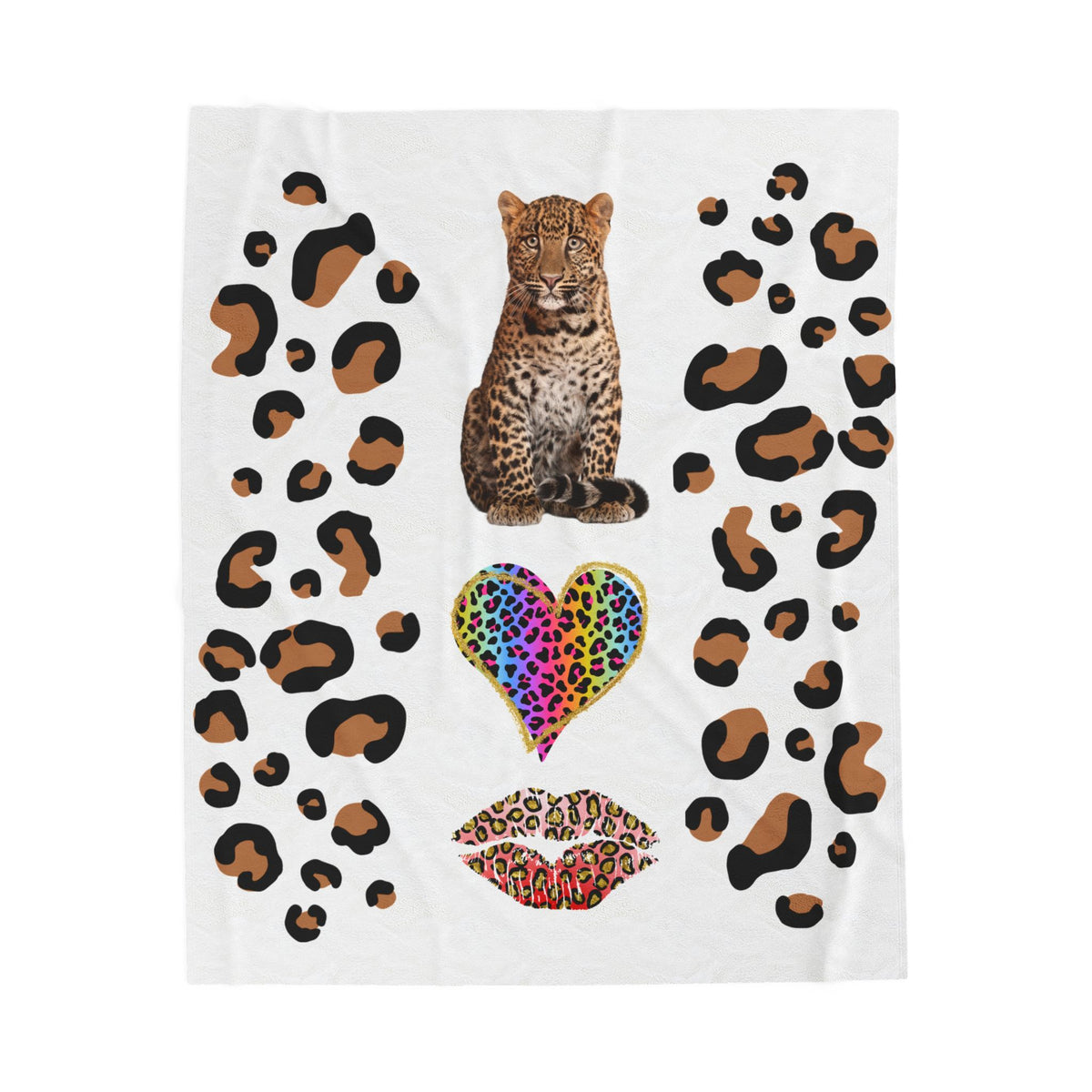 Leopard Heart Velveteen Plush Blanket – Rainbow Cheetah Print Cozy Throw