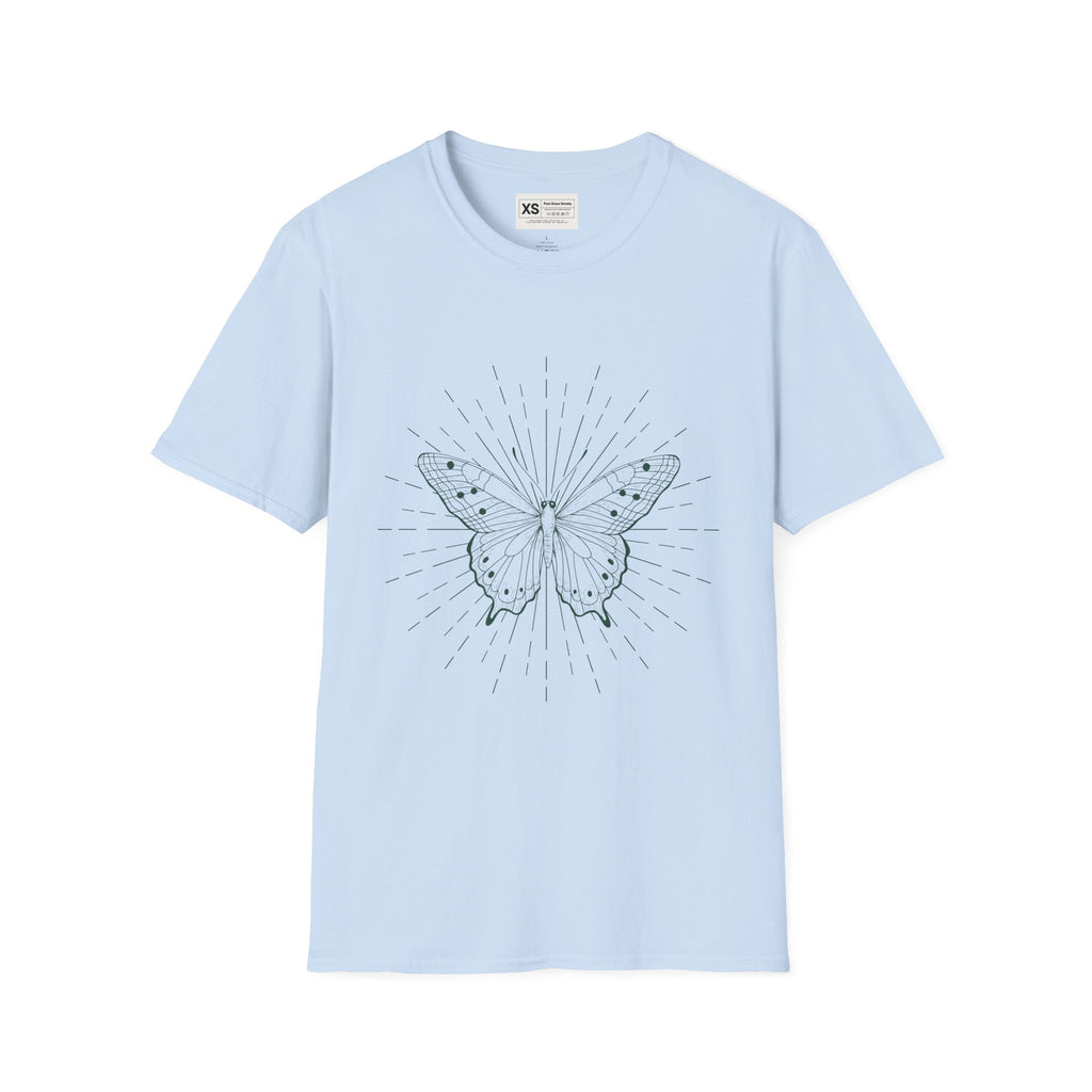 Butterfly Line Art T-Shirt — Minimal Sunburst Graphic