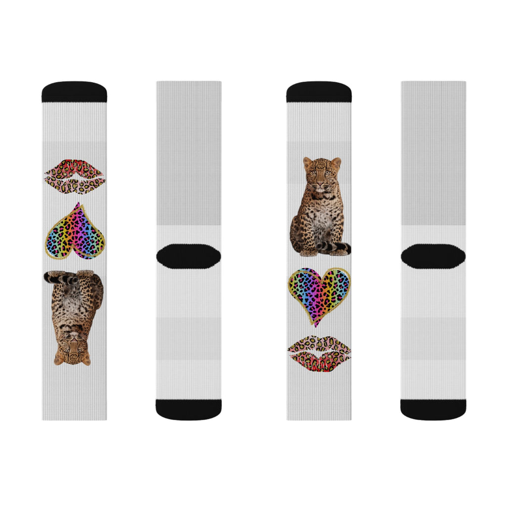 Leopard Hearts Sublimation Socks — Colorful Animal Print Cat Crew Socks