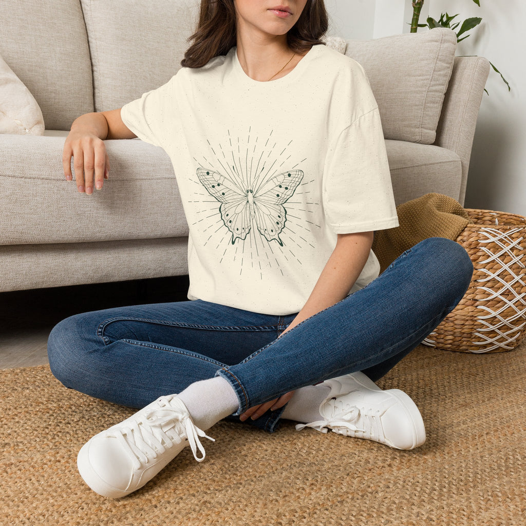 Butterfly Line Art T-Shirt — Minimal Sunburst Graphic