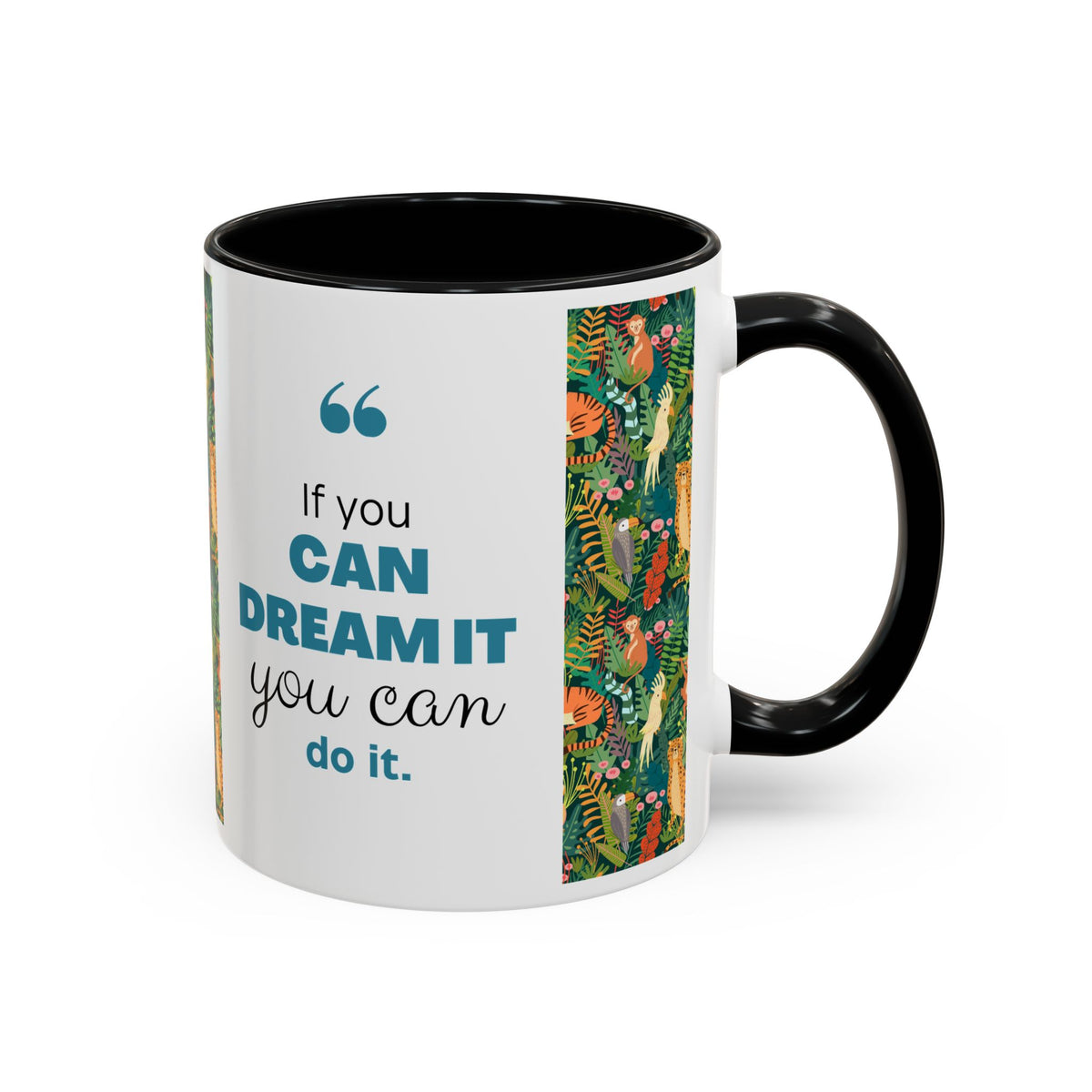 Tropical Jungle Animal Accent Coffee Mug — Colorful Parrot, Tiger & Leopard Pattern (11/15 oz)