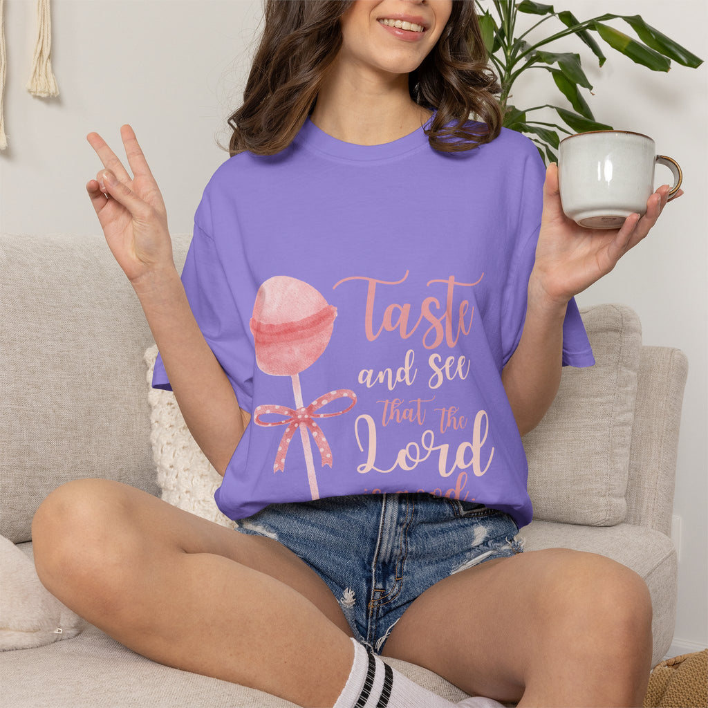 Christian Lollipop Tee — "Taste and See that the Lord is Good" Pink Faith T-Shirt