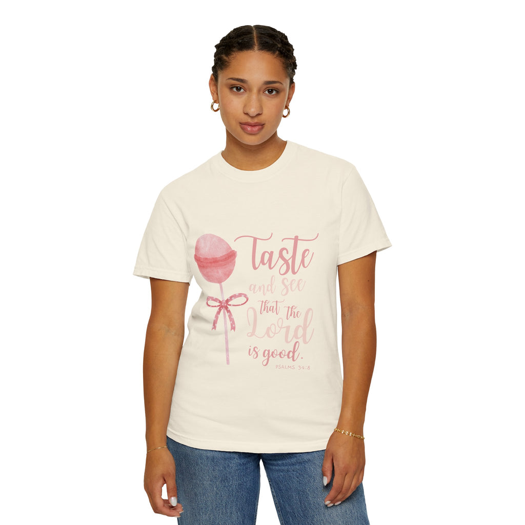 Christian Lollipop Tee — "Taste and See that the Lord is Good" Pink Faith T-Shirt