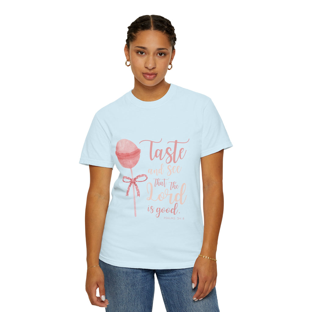 Christian Lollipop Tee — "Taste and See that the Lord is Good" Pink Faith T-Shirt