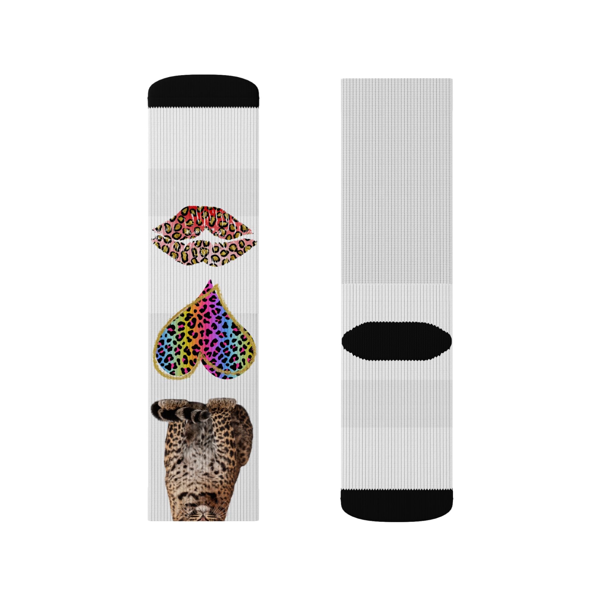 Leopard Hearts Sublimation Socks — Colorful Animal Print Cat Crew Socks