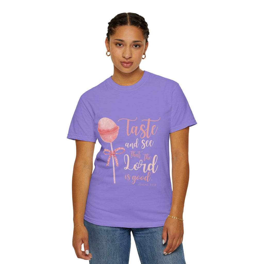 Christian Lollipop Tee — "Taste and See that the Lord is Good" Pink Faith T-Shirt
