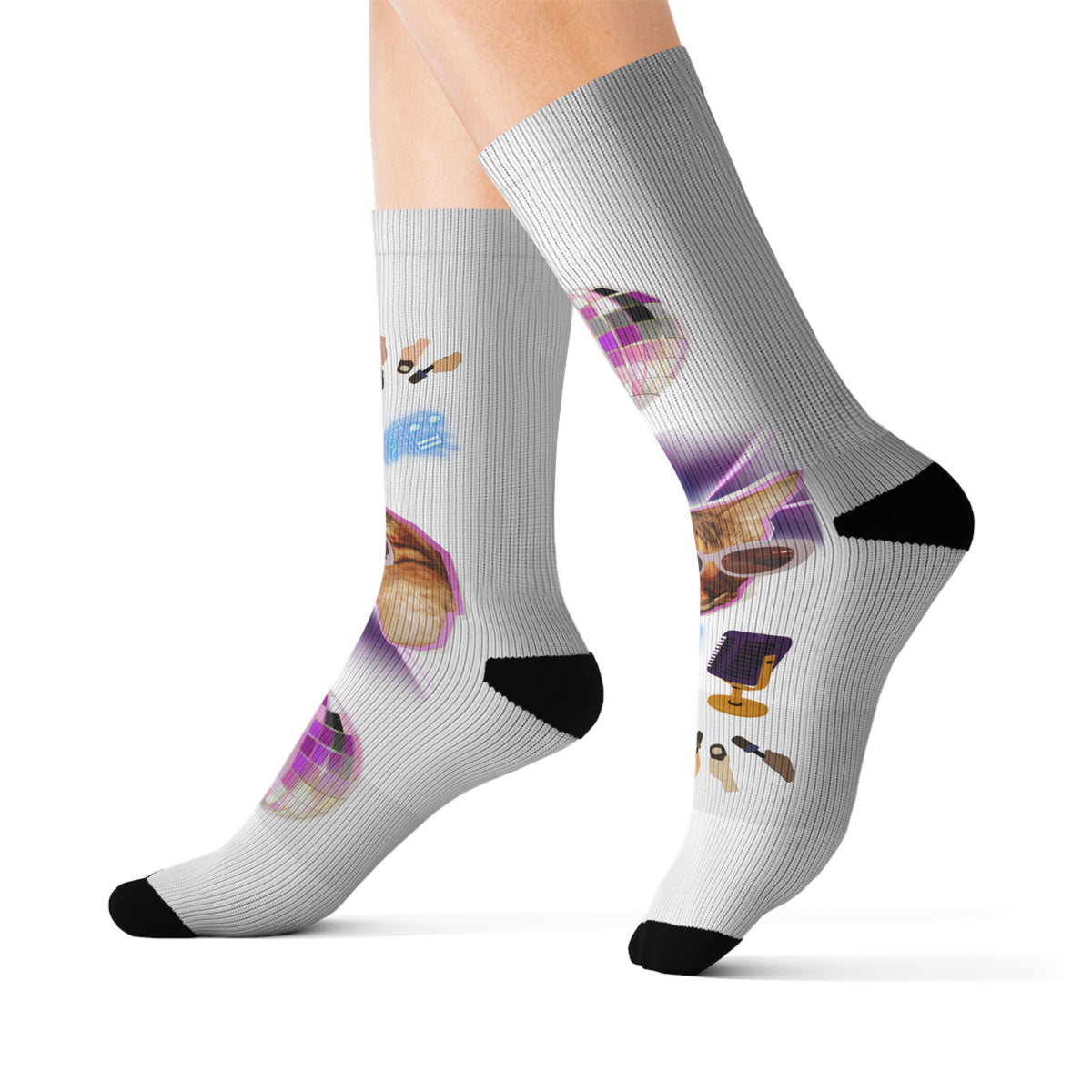 Colorful Disco Cat Sublimation Socks — Funky Novelty Crew Socks