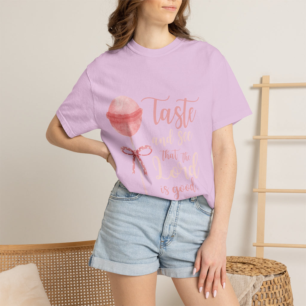 Christian Lollipop Tee — "Taste and See that the Lord is Good" Pink Faith T-Shirt