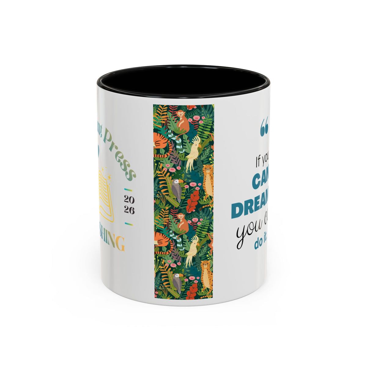 Tropical Jungle Animal Accent Coffee Mug — Colorful Parrot, Tiger & Leopard Pattern (11/15 oz)