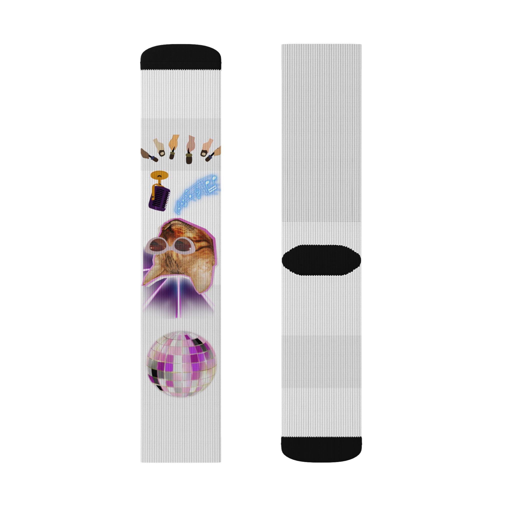 Colorful Disco Cat Sublimation Socks — Funky Novelty Crew Socks