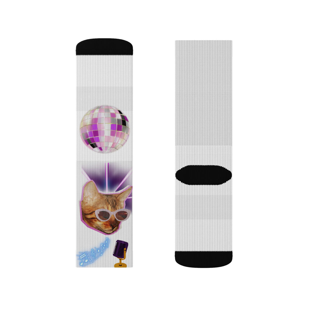 Colorful Disco Cat Sublimation Socks — Funky Novelty Crew Socks