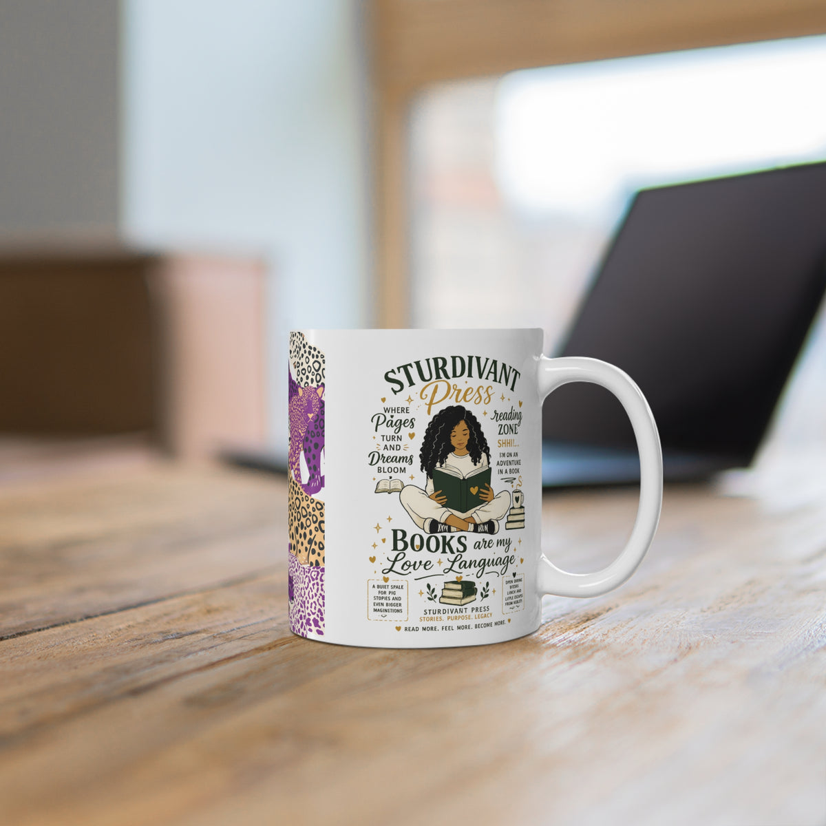 Publishing Mug — 'Sturdivant Press' Book Lover Coffee Cup with Colorful Leopard Pattern