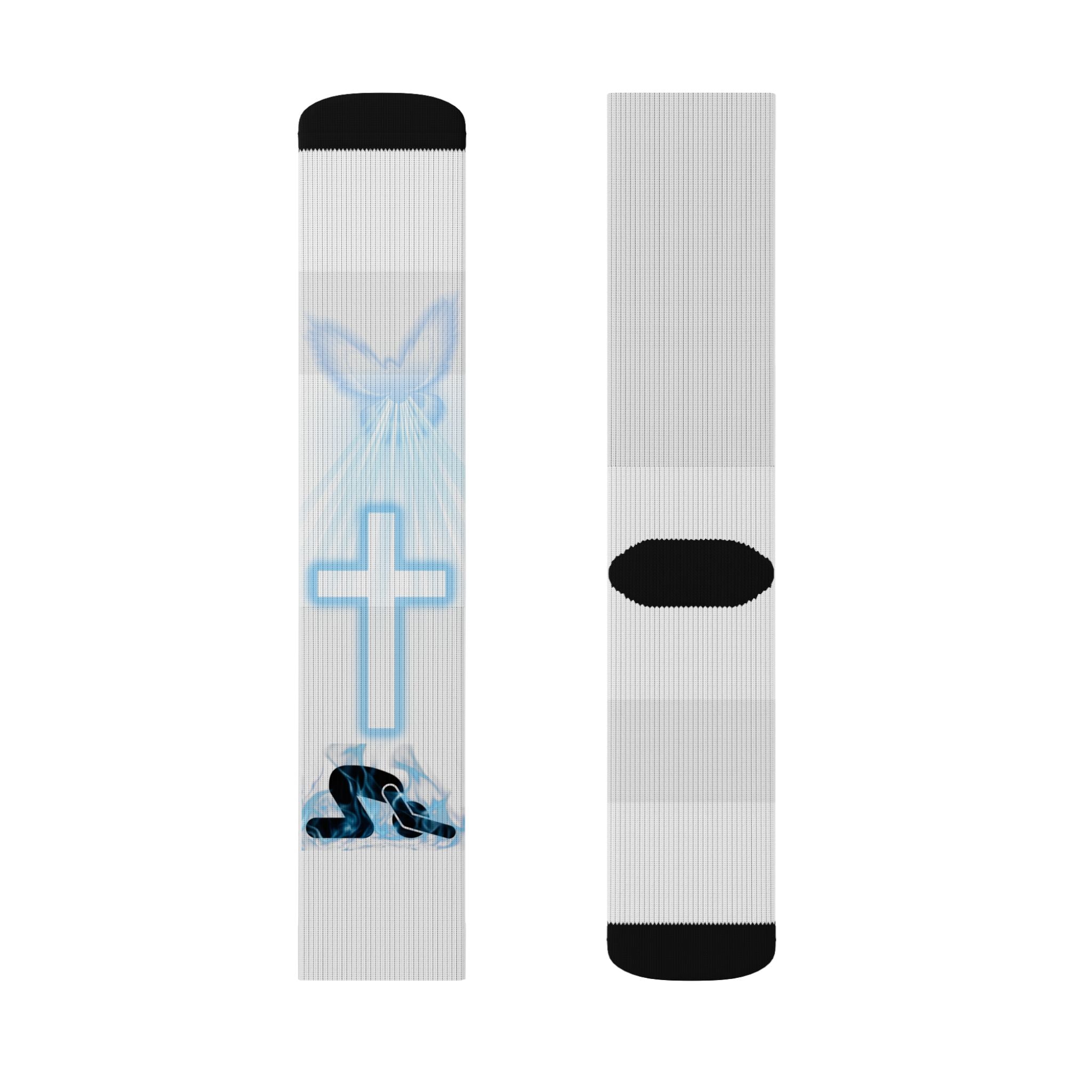 Blue Neon Cross Sublimation Socks — Gothic Streetwear Crew Socks