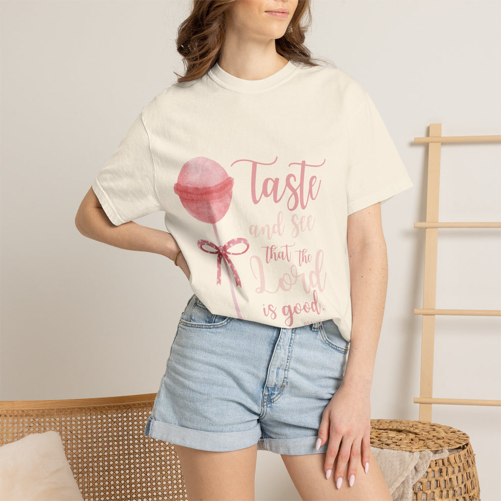 Christian Lollipop Tee — "Taste and See that the Lord is Good" Pink Faith T-Shirt