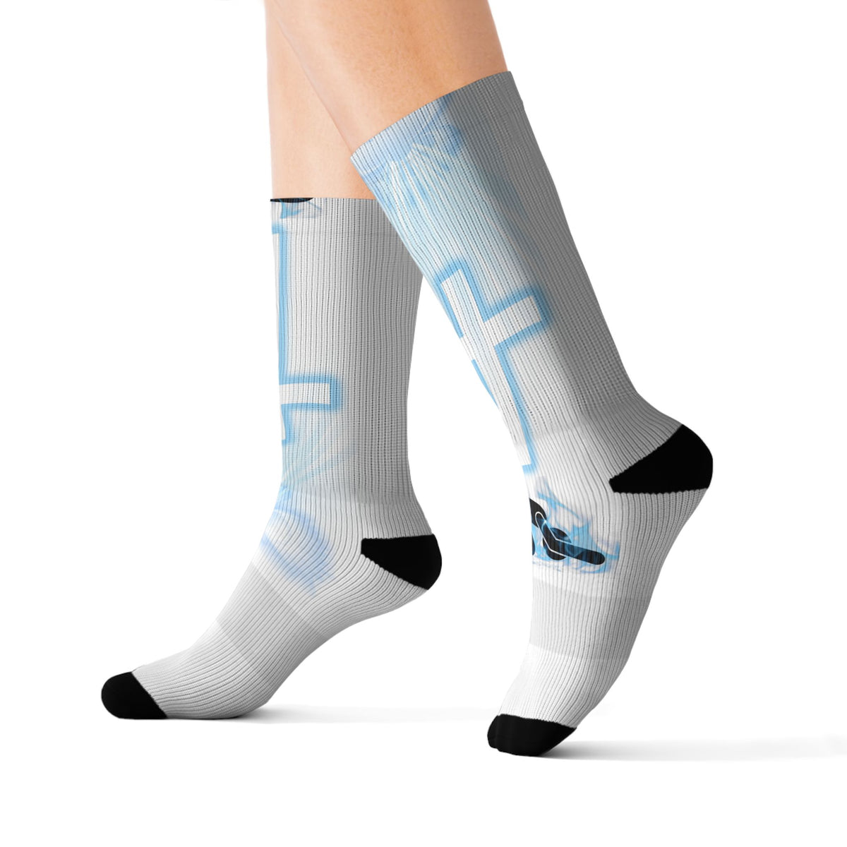 Blue Neon Cross Sublimation Socks — Gothic Streetwear Crew Socks