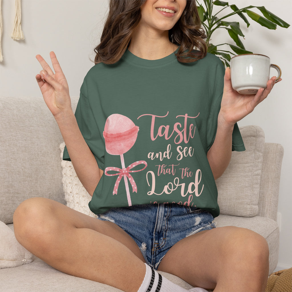 Christian Lollipop Tee — "Taste and See that the Lord is Good" Pink Faith T-Shirt