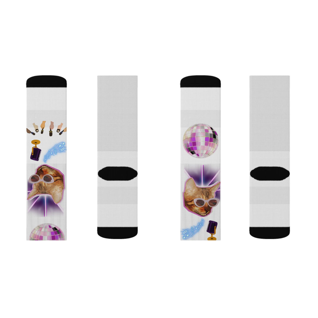 Colorful Disco Cat Sublimation Socks — Funky Novelty Crew Socks