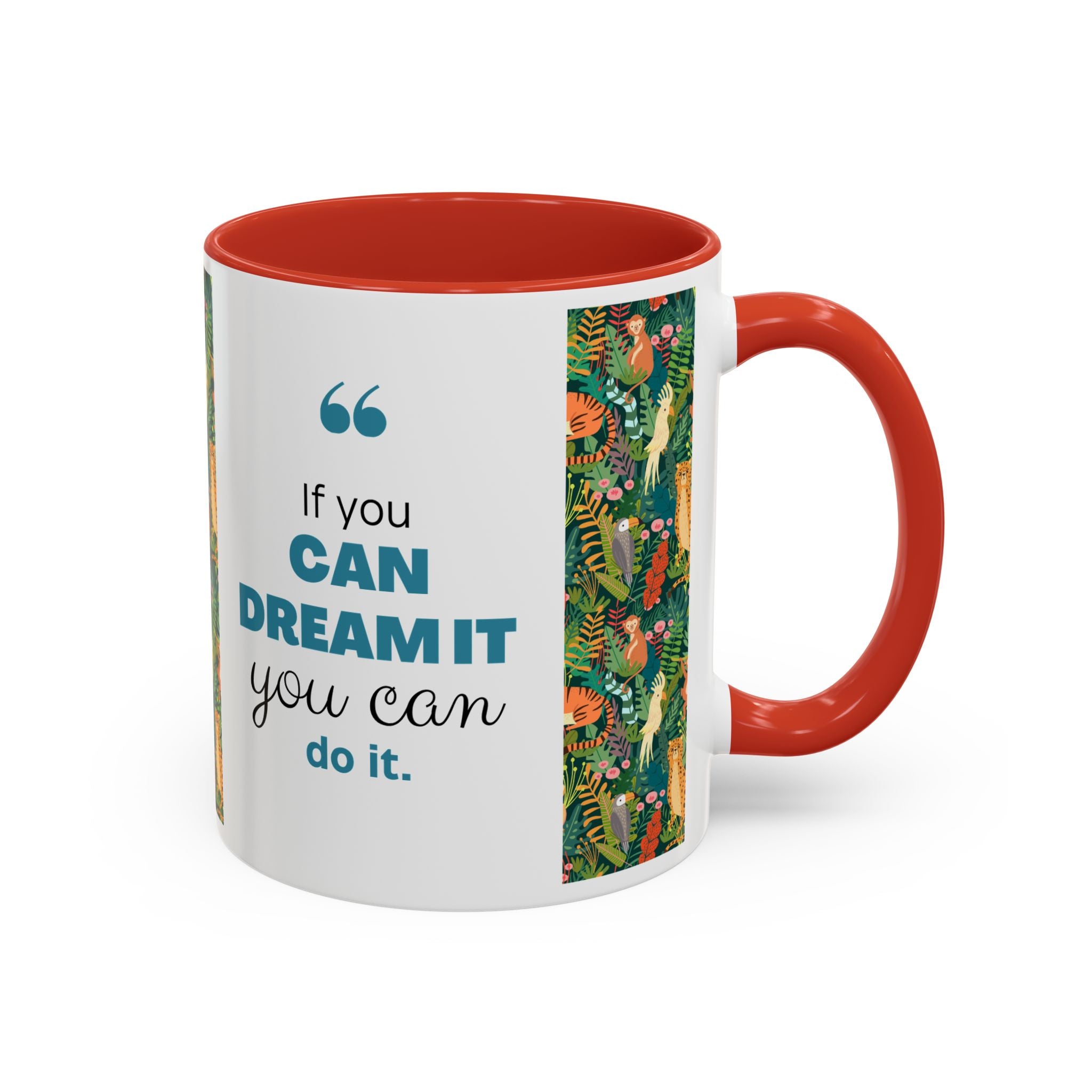 Tropical Jungle Animal Accent Coffee Mug — Colorful Parrot, Tiger & Leopard Pattern (11/15 oz)