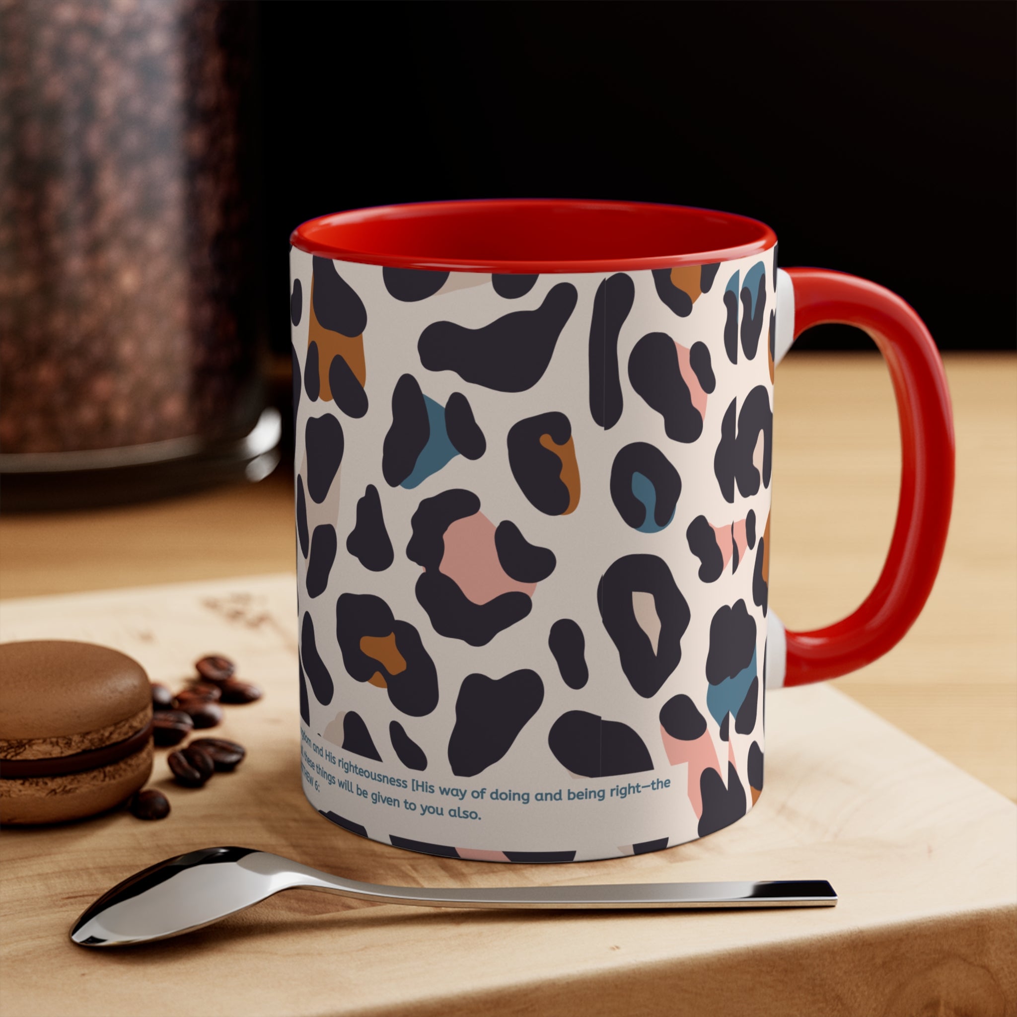 Leopard Print Accent Mug — Pink Interior & Handle, Colorful Animal Spot Coffee Cup