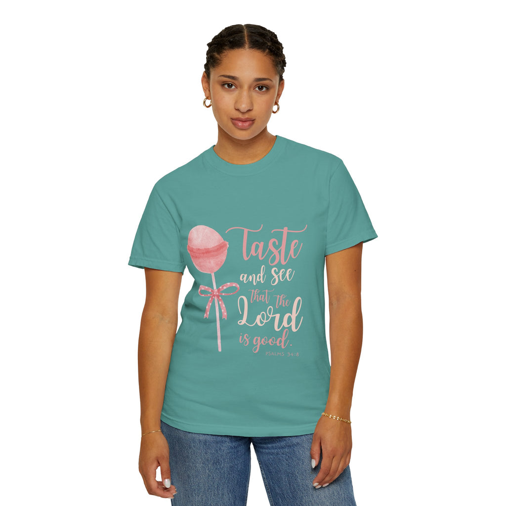Christian Lollipop Tee — "Taste and See that the Lord is Good" Pink Faith T-Shirt