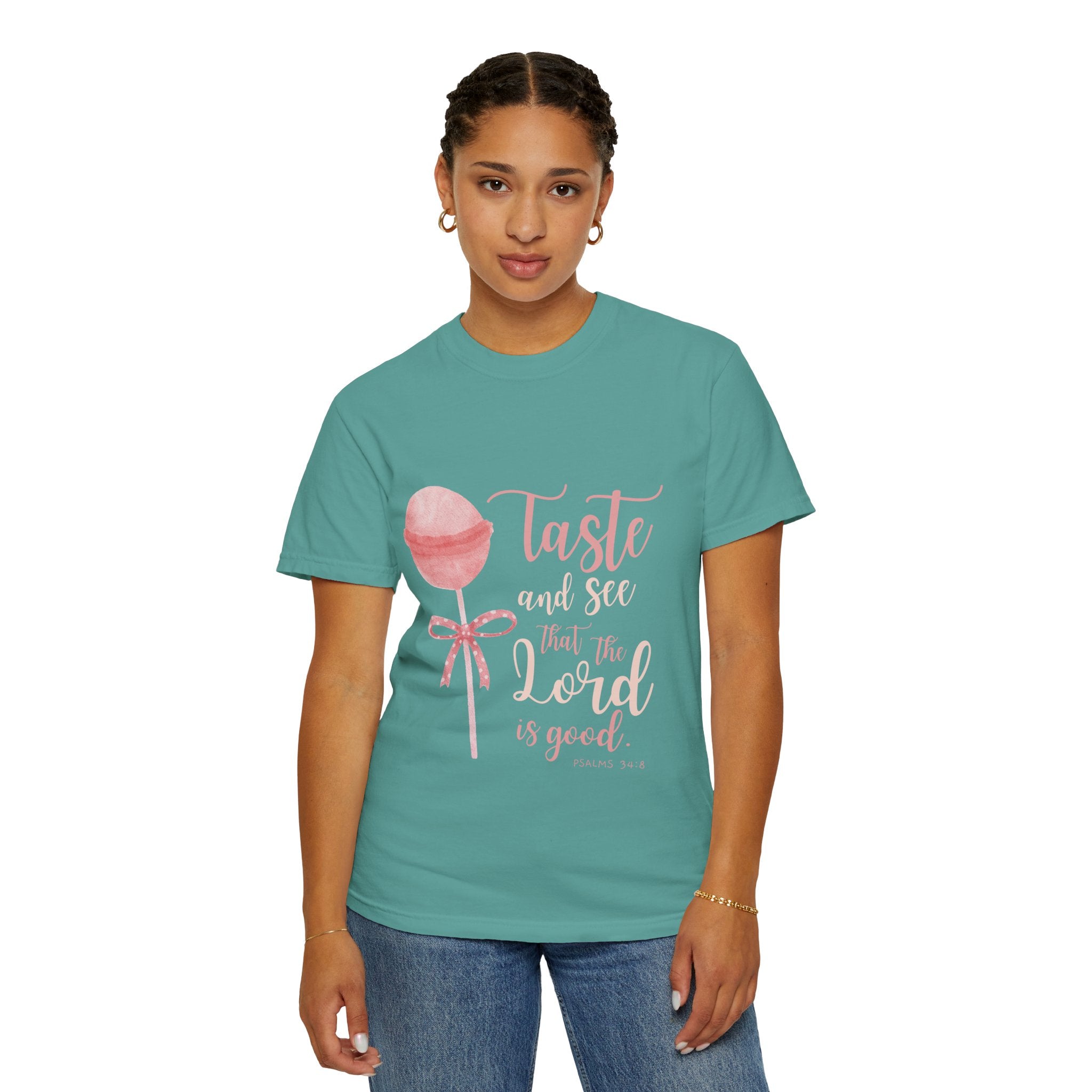 Christian Lollipop Tee — "Taste and See that the Lord is Good" Pink Faith T-Shirt