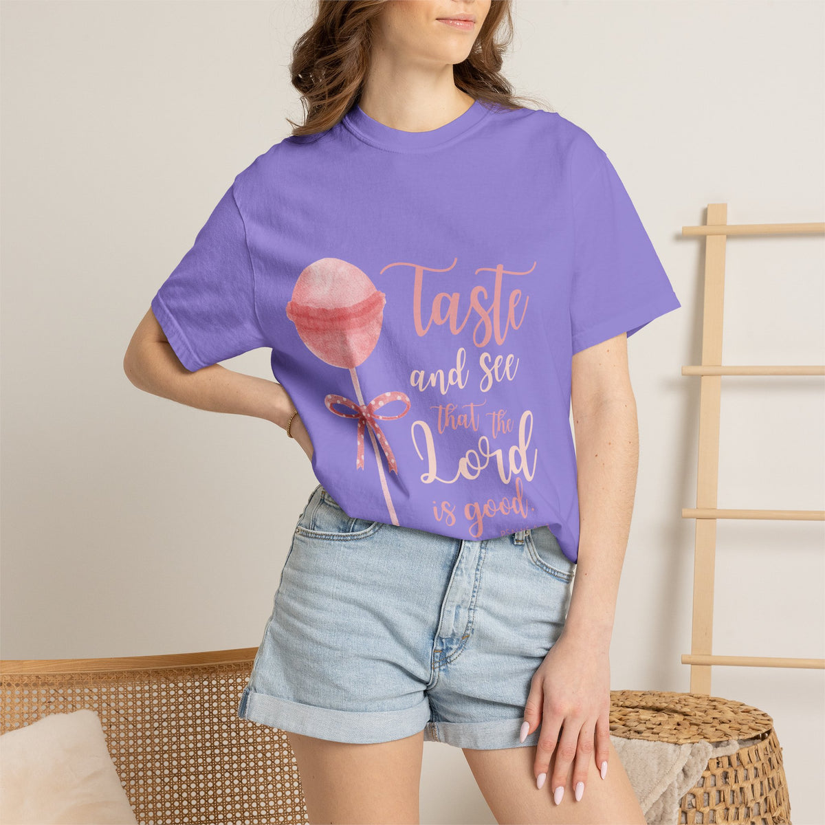 Christian Lollipop Tee — "Taste and See that the Lord is Good" Pink Faith T-Shirt