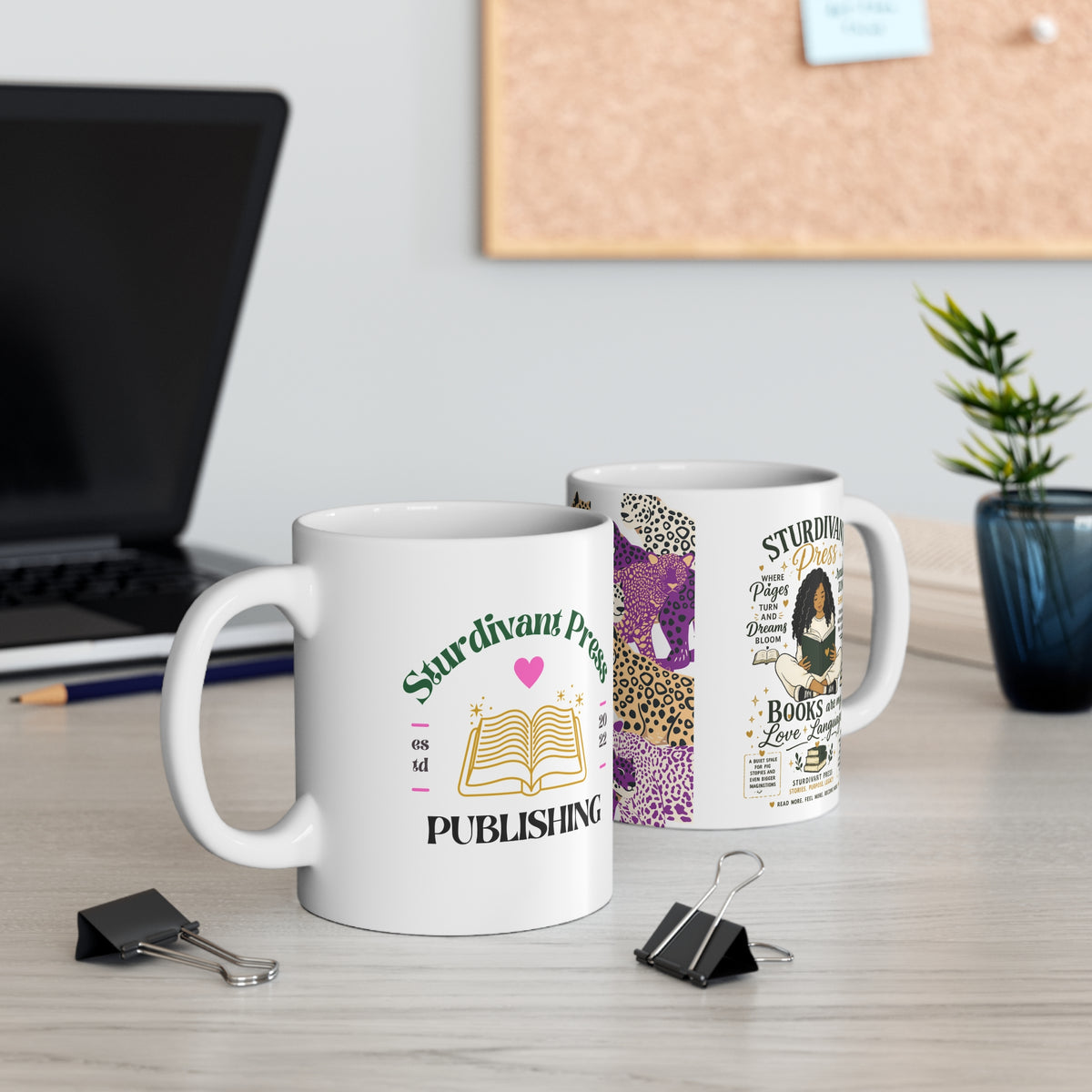 Publishing Mug — 'Sturdivant Press' Book Lover Coffee Cup with Colorful Leopard Pattern
