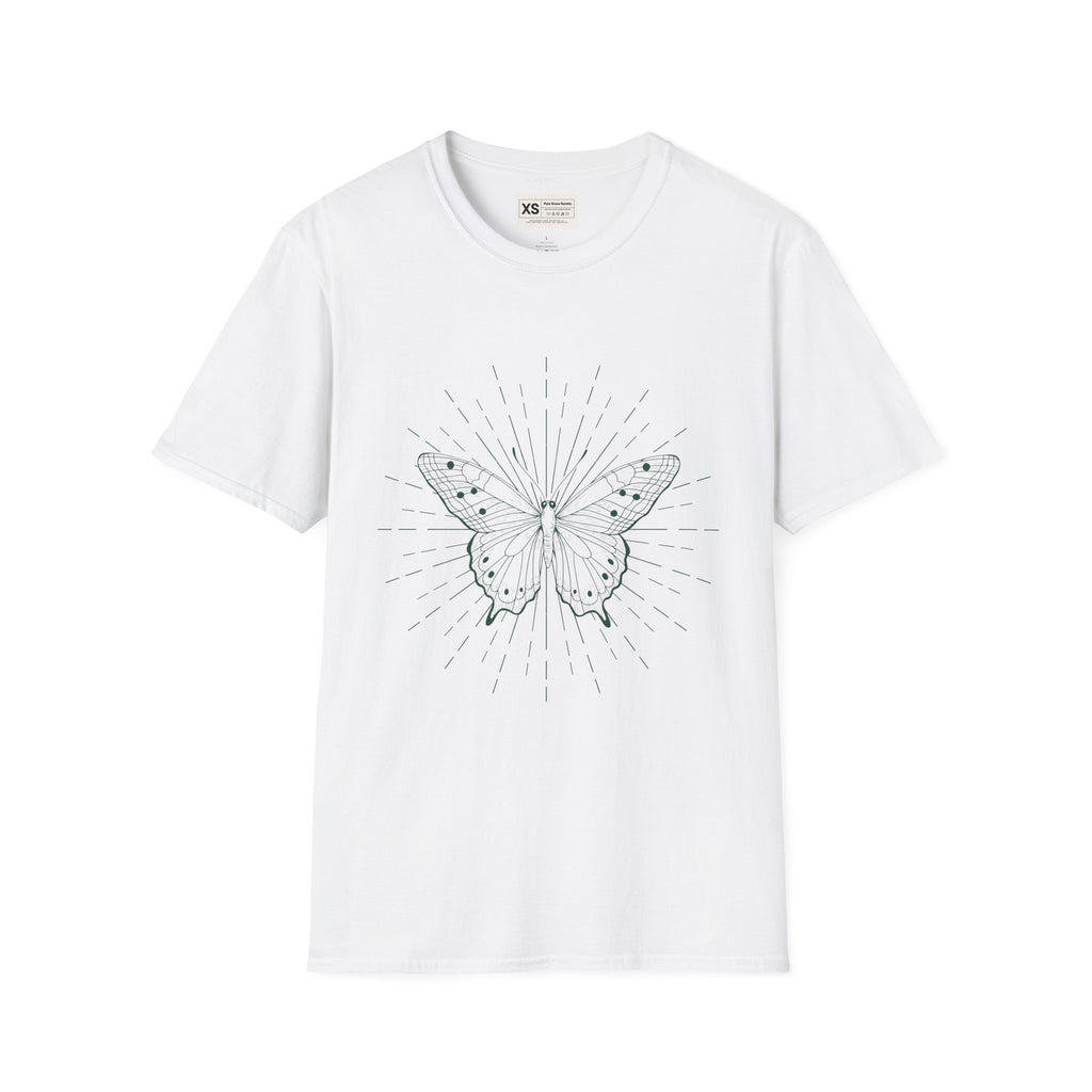 Butterfly Line Art T-Shirt — Minimal Sunburst Graphic