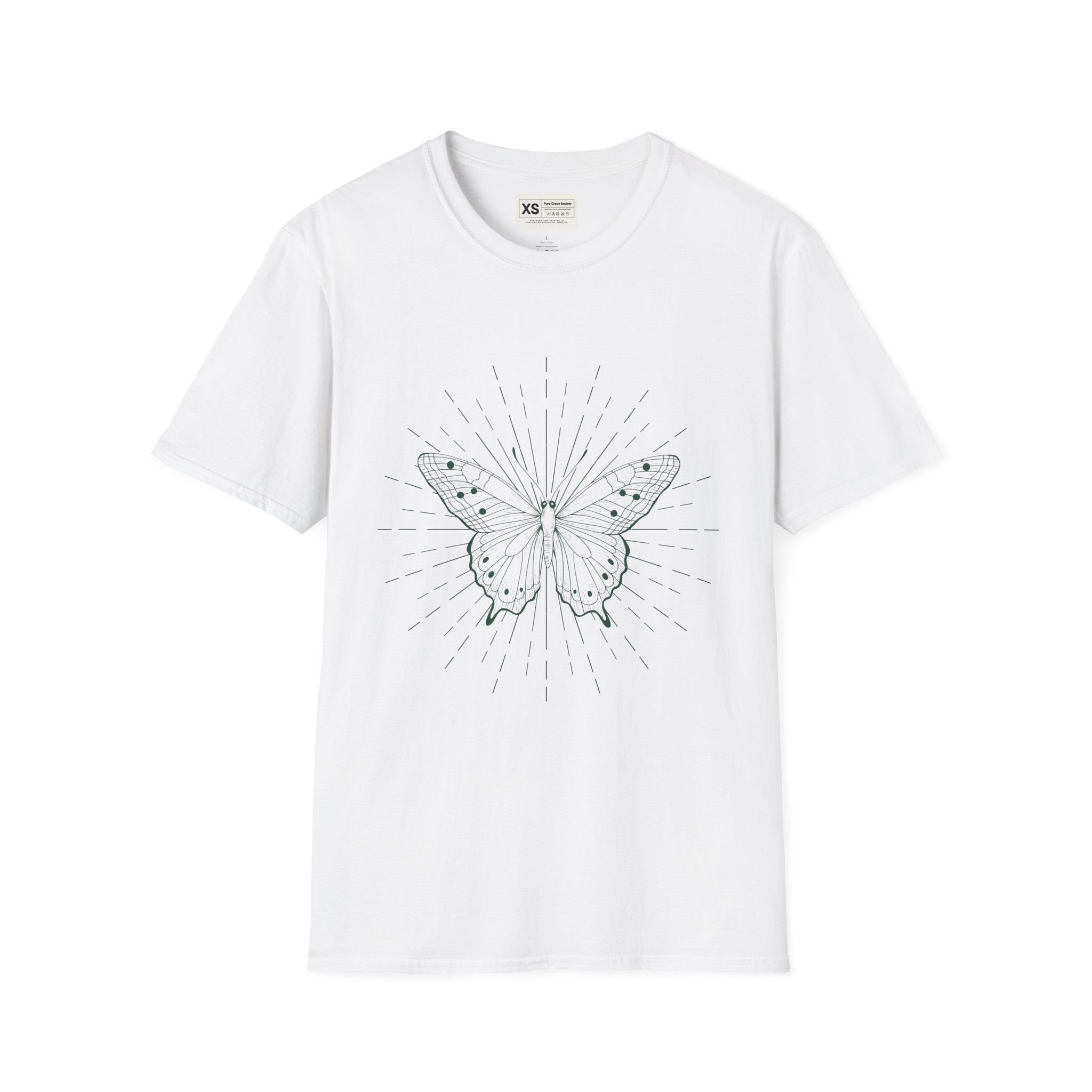 Butterfly Line Art T-Shirt — Minimal Sunburst Graphic