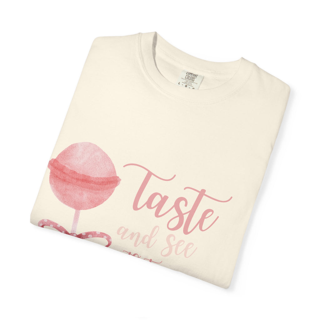 Christian Lollipop Tee — "Taste and See that the Lord is Good" Pink Faith T-Shirt