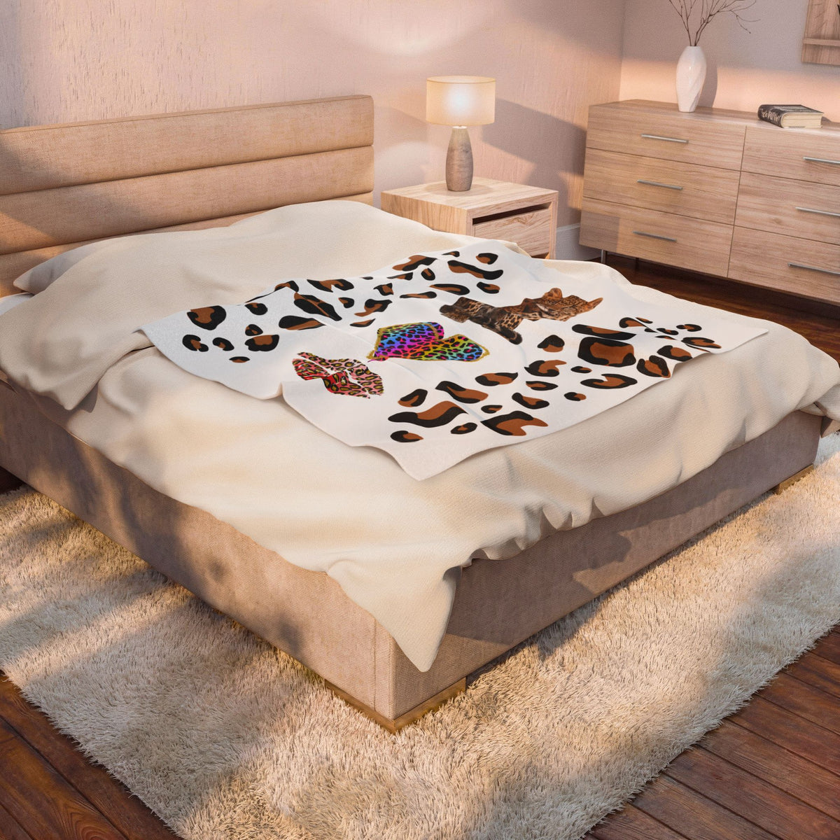 Leopard Heart Velveteen Plush Blanket – Rainbow Cheetah Print Cozy Throw