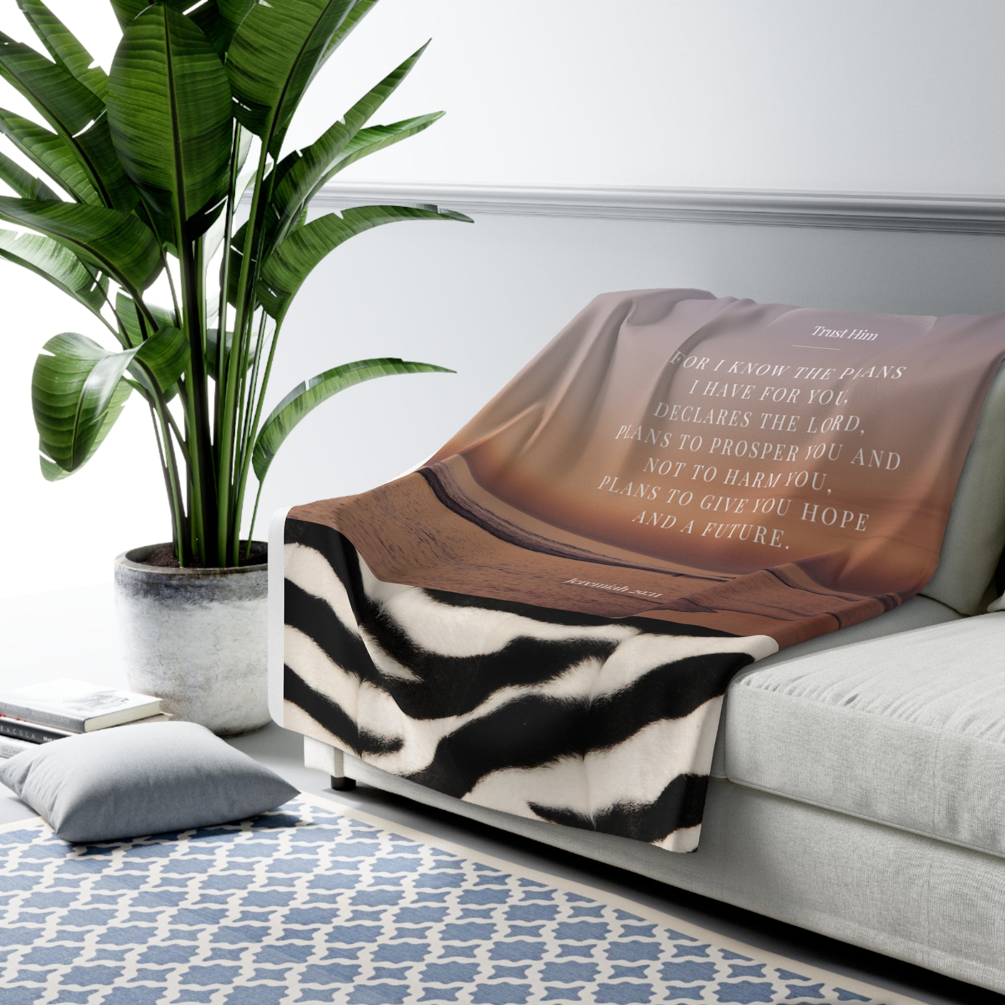 Inspirational Psalm Sherpa Blanket — "For I Know the Plans" Cozy Fleece with Zebra Trim