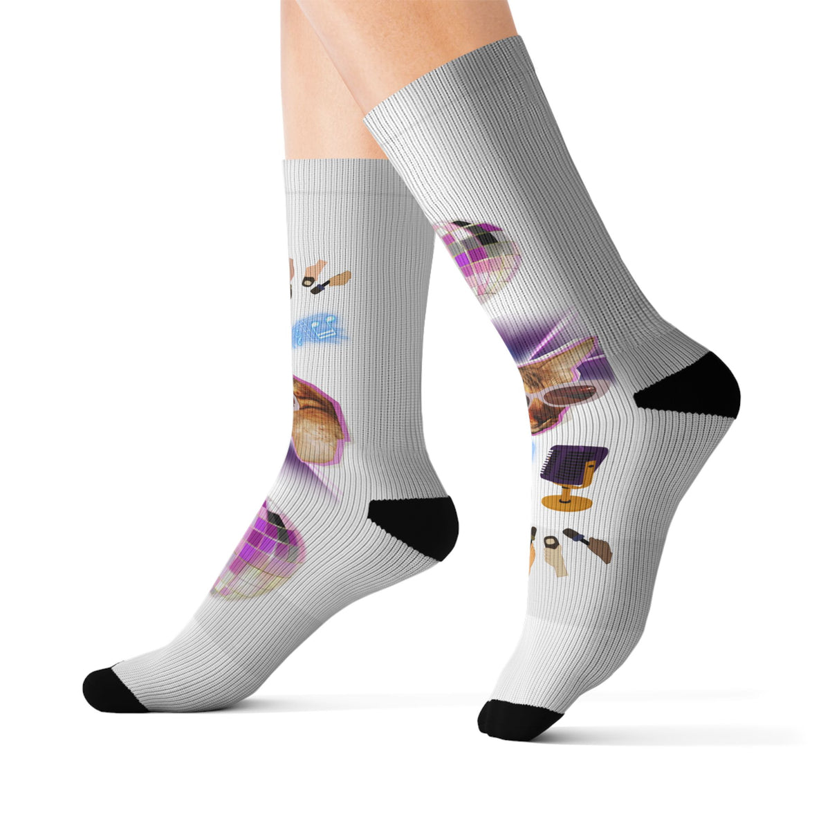 Colorful Disco Cat Sublimation Socks — Funky Novelty Crew Socks