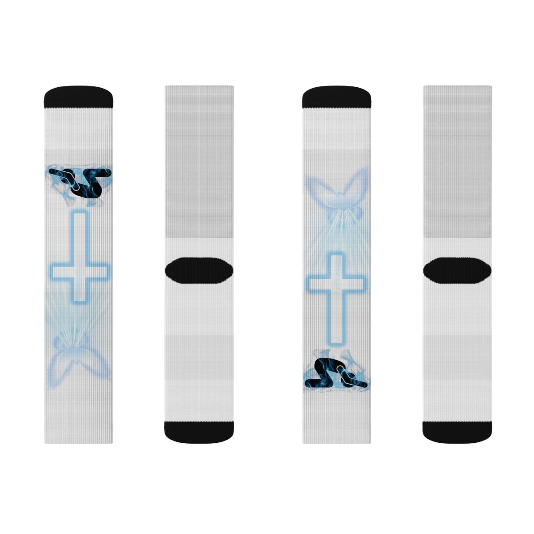Blue Neon Cross Sublimation Socks — Gothic Streetwear Crew Socks