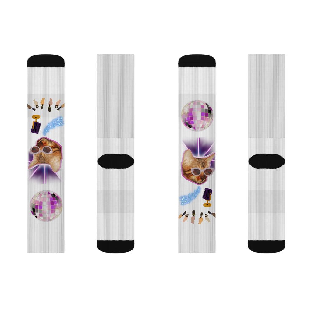 Colorful Disco Cat Sublimation Socks — Funky Novelty Crew Socks