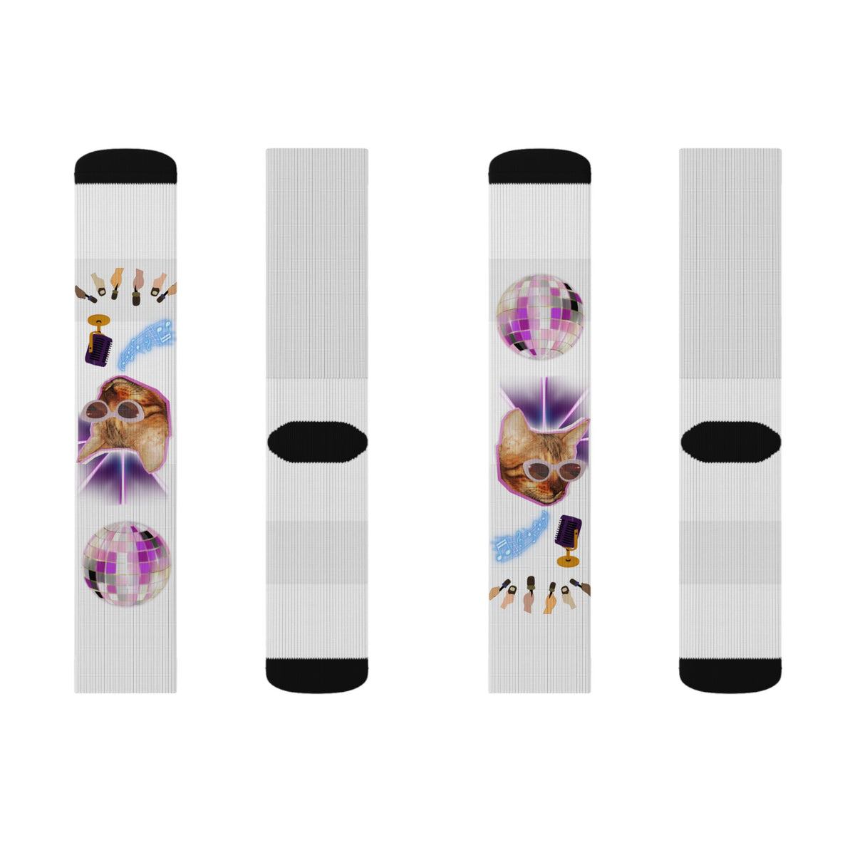 Colorful Disco Cat Sublimation Socks — Funky Novelty Crew Socks