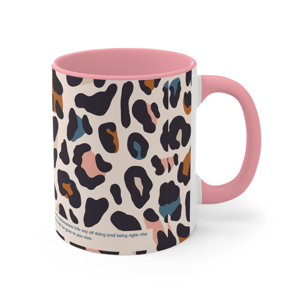 Leopard Print Accent Mug — Pink Interior & Handle, Colorful Animal Spot Coffee Cup