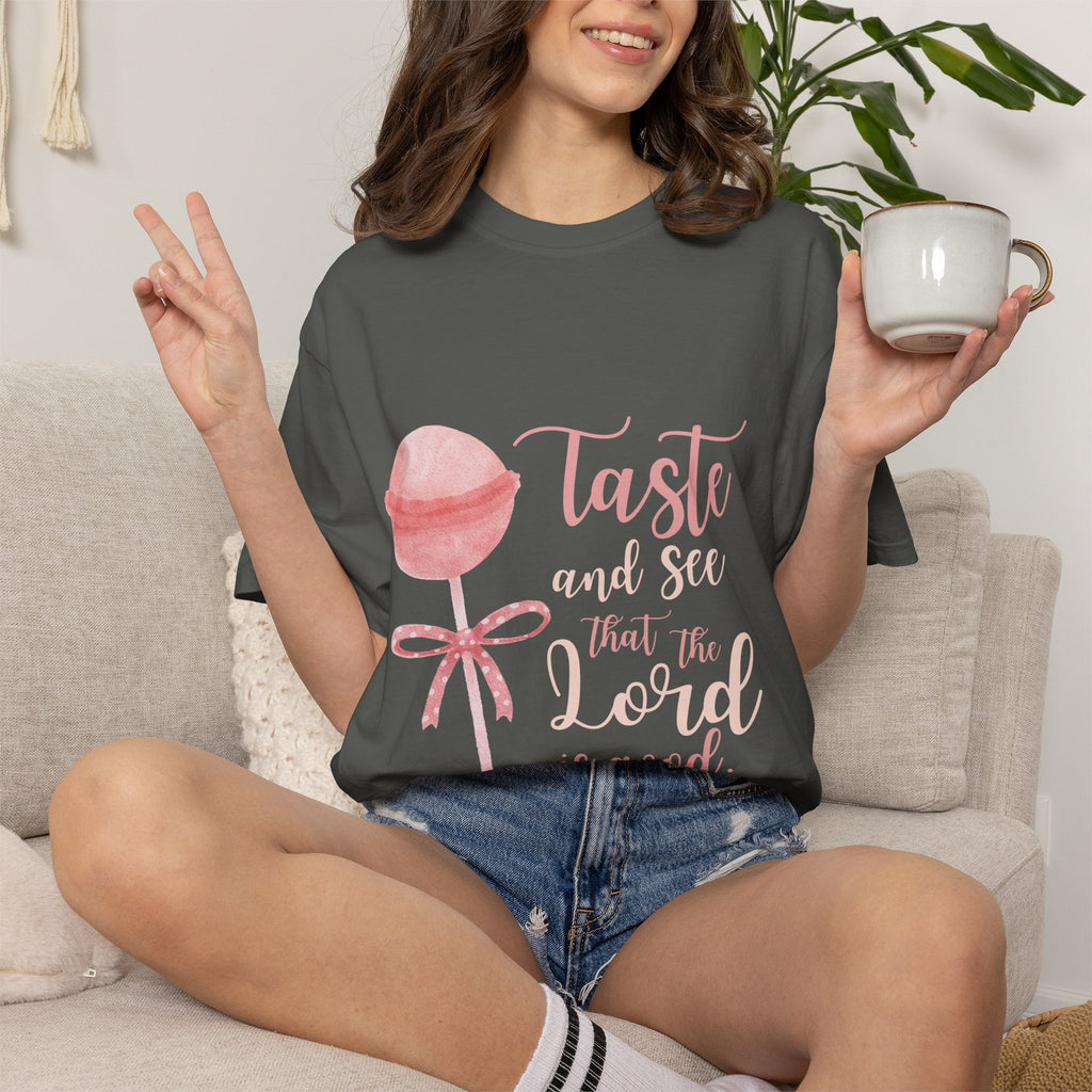 Christian Lollipop Tee — "Taste and See that the Lord is Good" Pink Faith T-Shirt