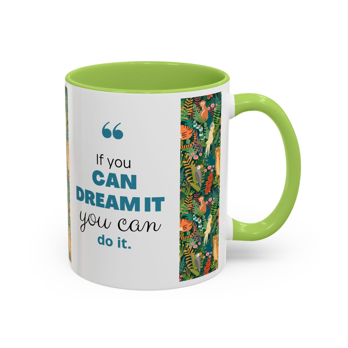 Tropical Jungle Animal Accent Coffee Mug — Colorful Parrot, Tiger & Leopard Pattern (11/15 oz)