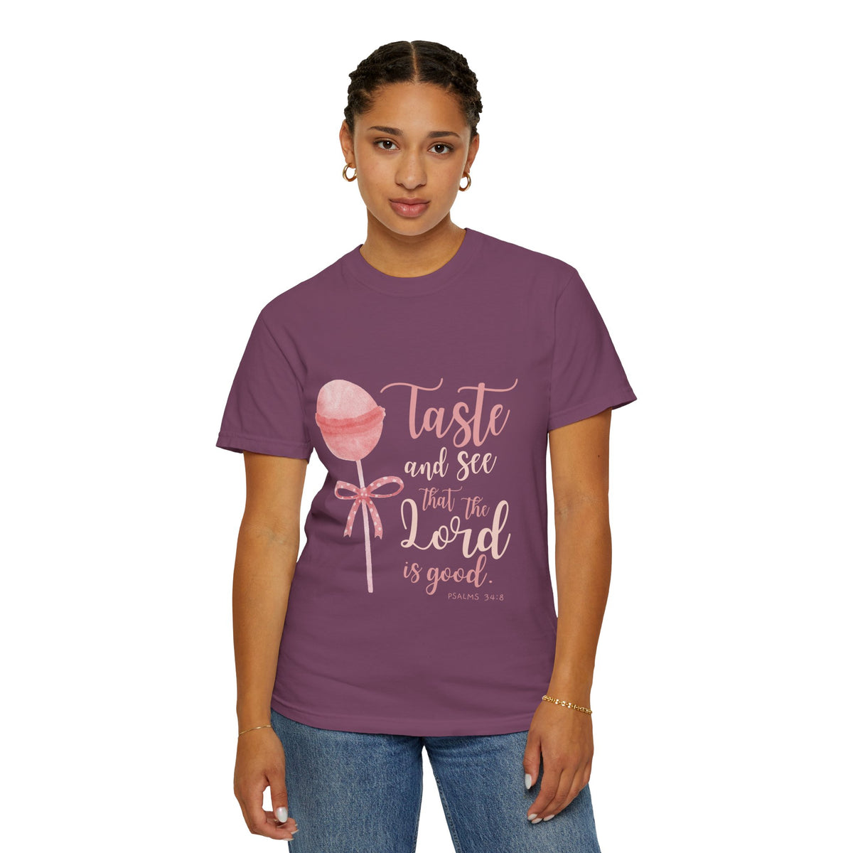 Christian Lollipop Tee — "Taste and See that the Lord is Good" Pink Faith T-Shirt