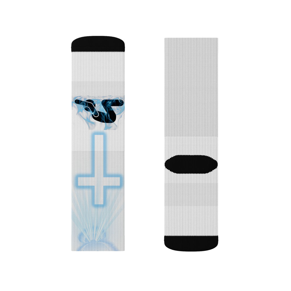 Blue Neon Cross Sublimation Socks — Gothic Streetwear Crew Socks