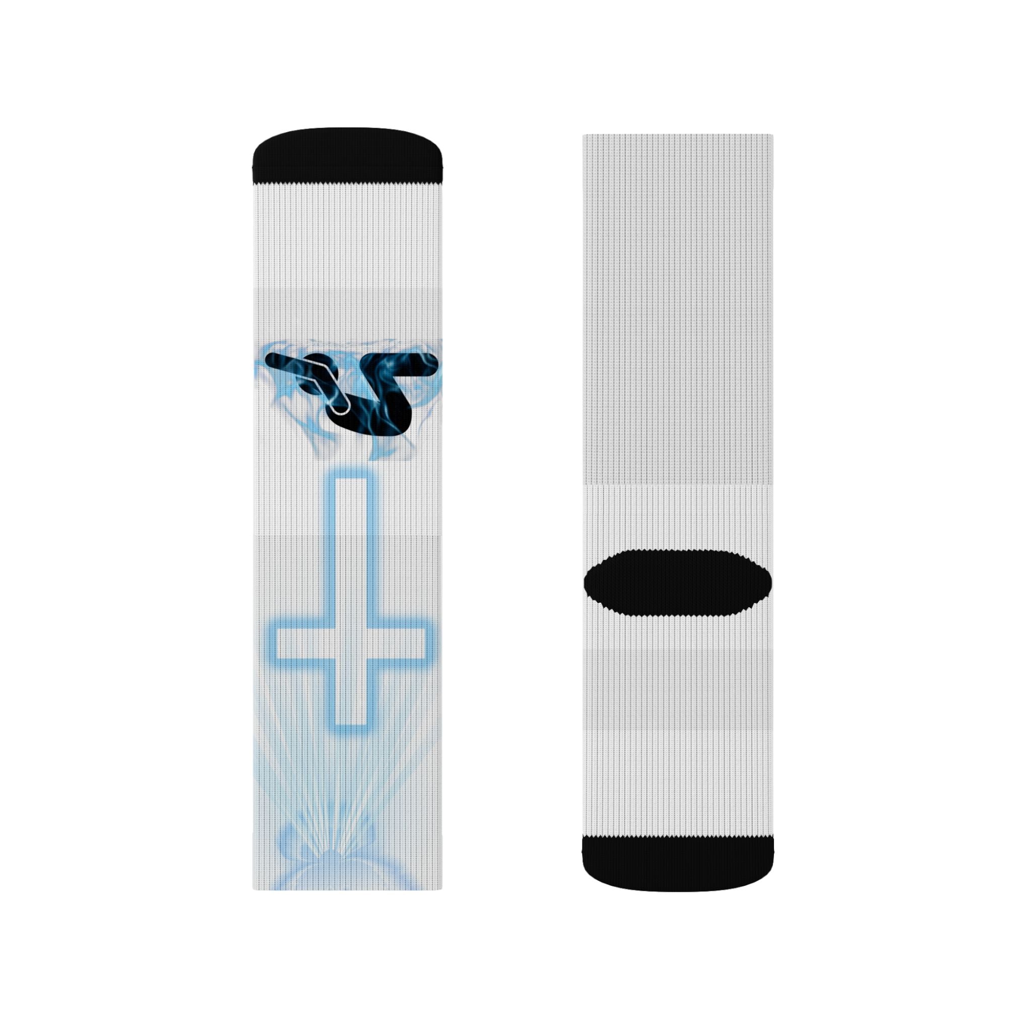 Blue Neon Cross Sublimation Socks — Gothic Streetwear Crew Socks