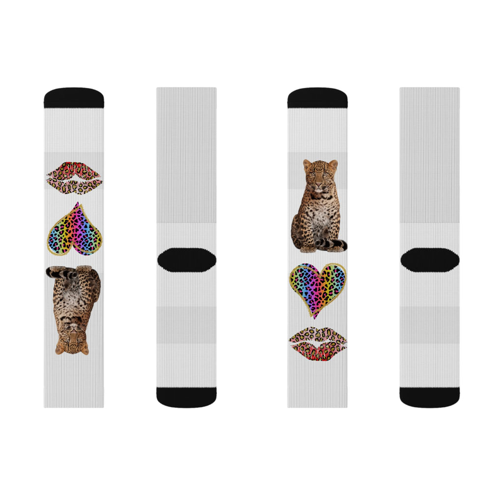 Leopard Hearts Sublimation Socks — Colorful Animal Print Cat Crew Socks