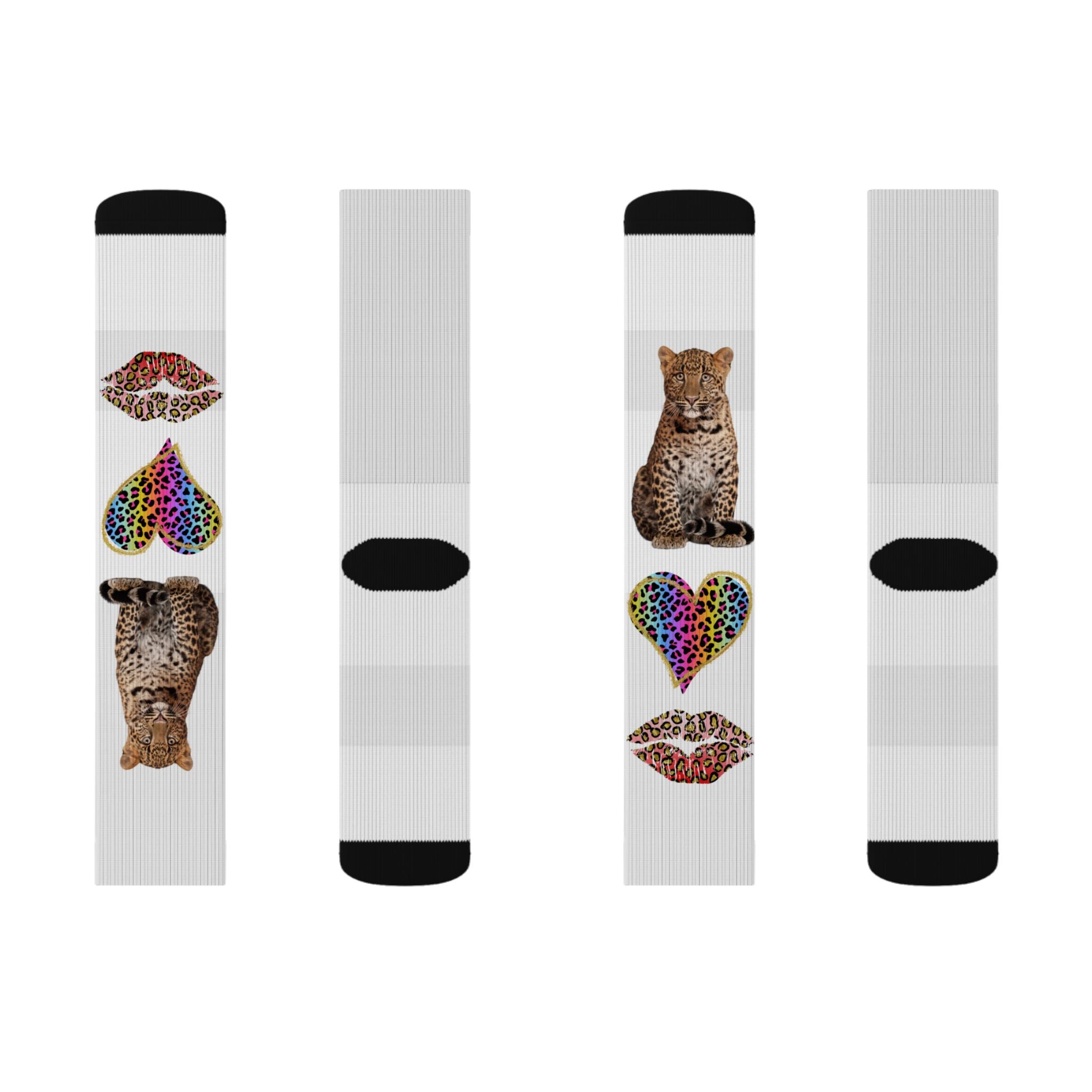 Leopard Hearts Sublimation Socks — Colorful Animal Print Cat Crew Socks
